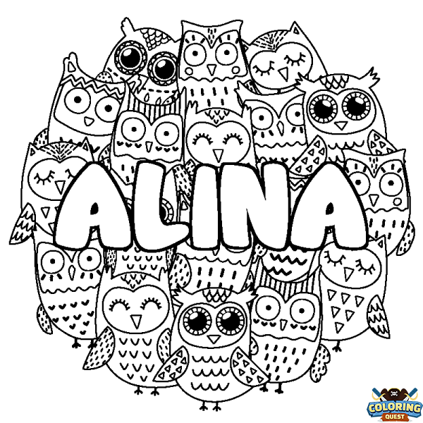 Coloring page first name ALINA - Owls background