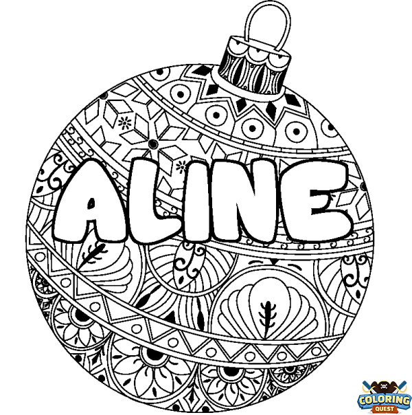 Coloring page first name ALINE - Christmas tree bulb background