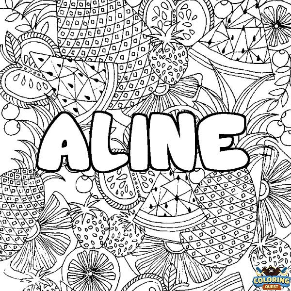 Coloring page first name ALINE - Fruits mandala background