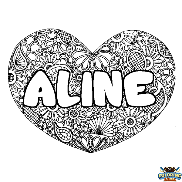 Coloring page first name ALINE - Heart mandala background