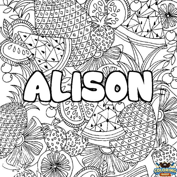 Coloring page first name ALISON - Fruits mandala background