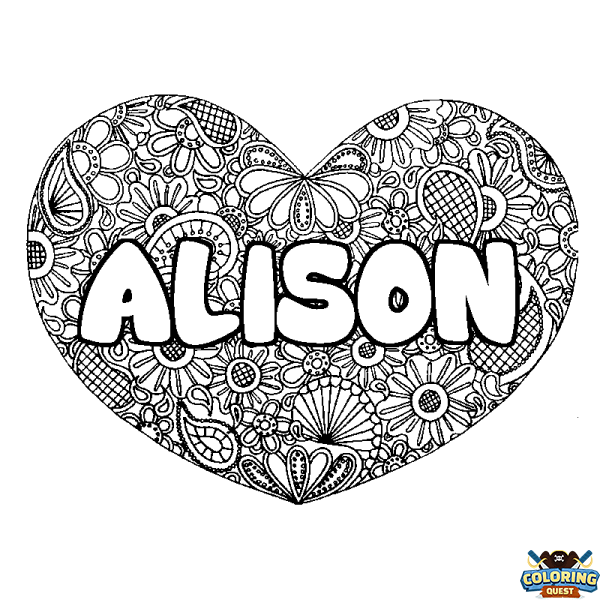 Coloring page first name ALISON - Heart mandala background