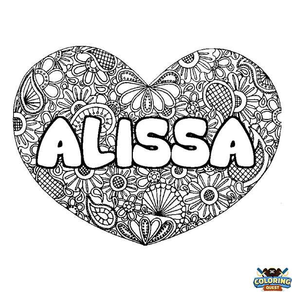 Coloring page first name ALISSA - Heart mandala background