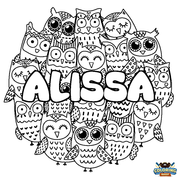 Coloring page first name ALISSA - Owls background