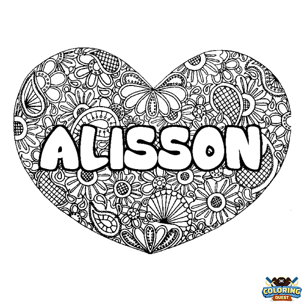 Coloring page first name ALISSON - Heart mandala background