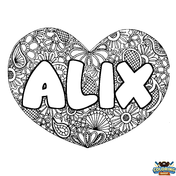 Coloring page first name ALIX - Heart mandala background