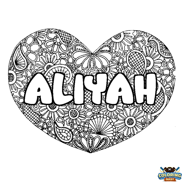 Coloring page first name ALIYAH - Heart mandala background