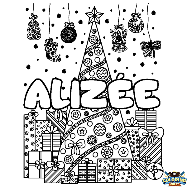 Coloring page first name ALIZ&Eacute;E - Christmas tree and presents background