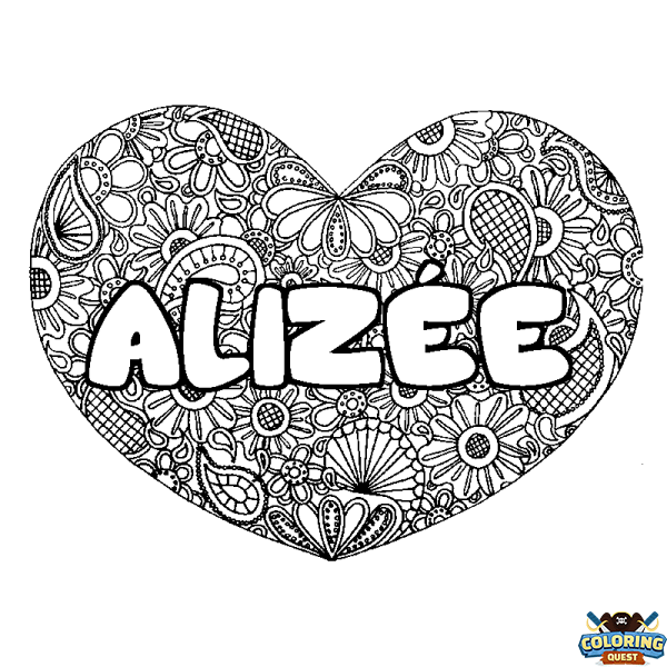 Coloring page first name ALIZ&Eacute;E - Heart mandala background