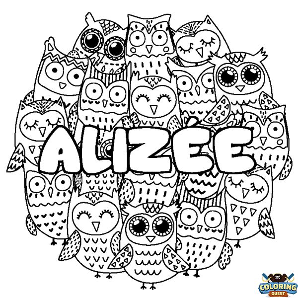 Coloring page first name ALIZ&Eacute;E - Owls background