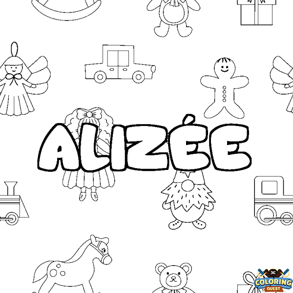 Coloring page first name ALIZ&Eacute;E - Toys background