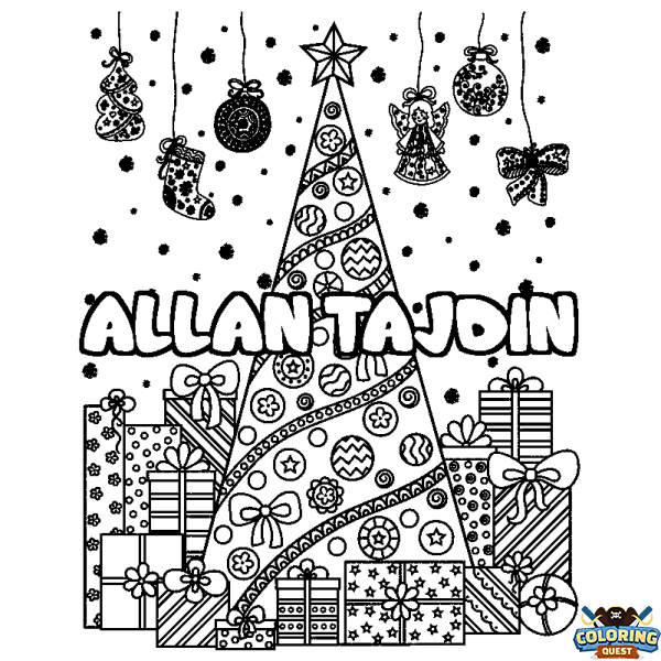 Coloring page first name ALLAN TAJDIN - Christmas tree and presents background
