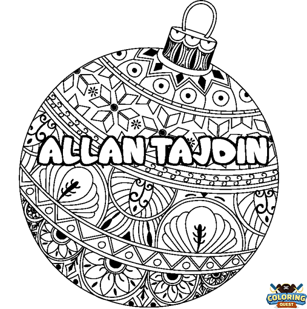 Coloring page first name ALLAN TAJDIN - Christmas tree bulb background