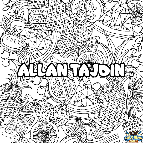 Coloring page first name ALLAN TAJDIN - Fruits mandala background