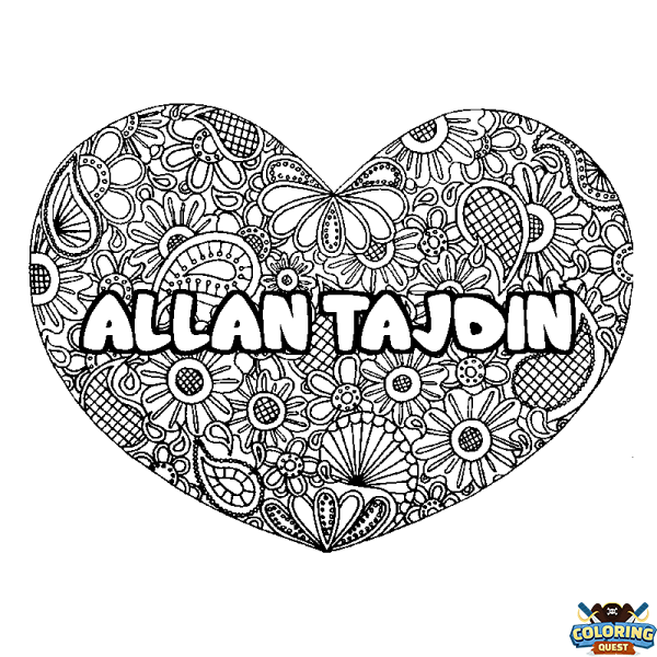 Coloring page first name ALLAN TAJDIN - Heart mandala background