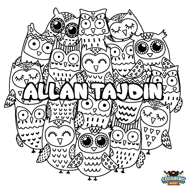 Coloring page first name ALLAN TAJDIN - Owls background