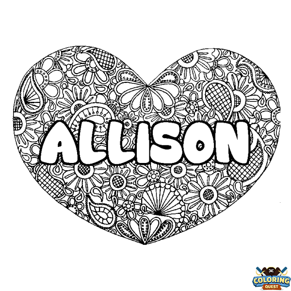 Coloring page first name ALLISON - Heart mandala background