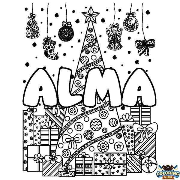 Coloring page first name ALMA - Christmas tree and presents background