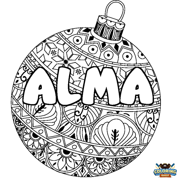 Coloring page first name ALMA - Christmas tree bulb background