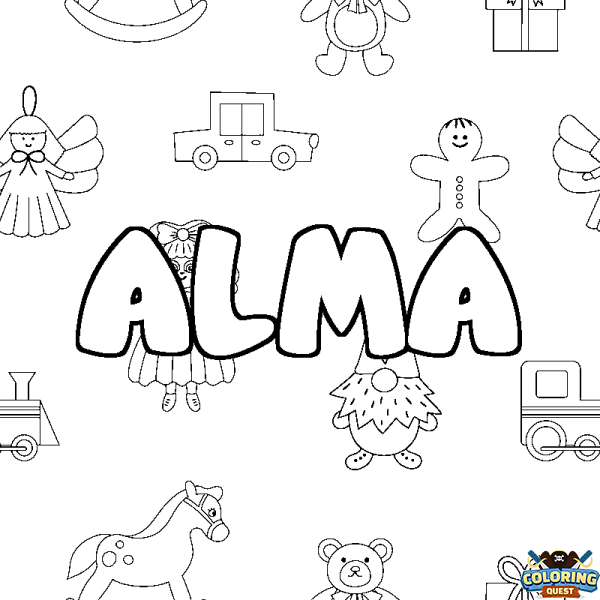 Coloring page first name ALMA - Toys background
