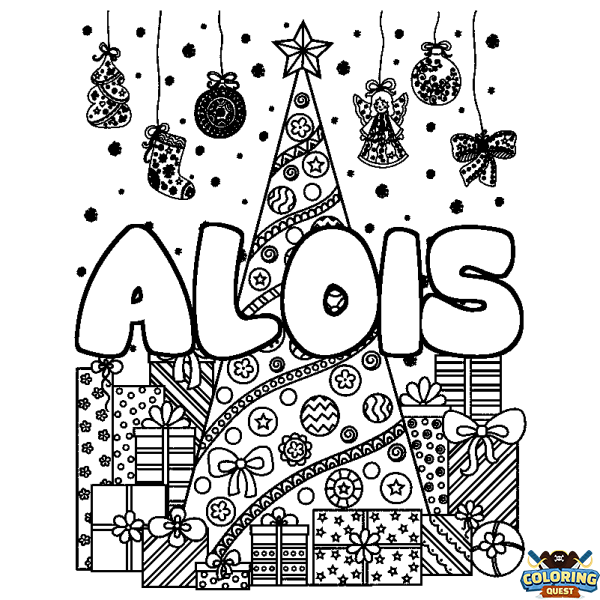 Coloring page first name ALOIS - Christmas tree and presents background