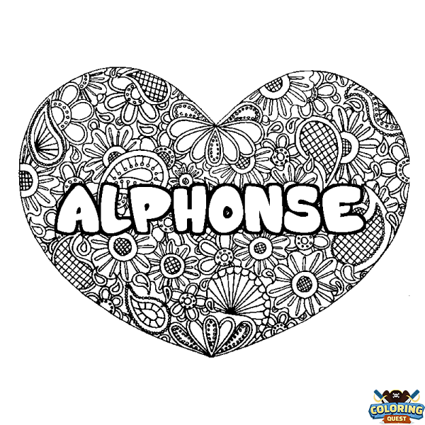 Coloring page first name ALPHONSE - Heart mandala background