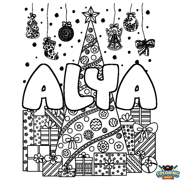 Coloring page first name ALYA - Christmas tree and presents background