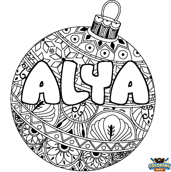 Coloring page first name ALYA - Christmas tree bulb background