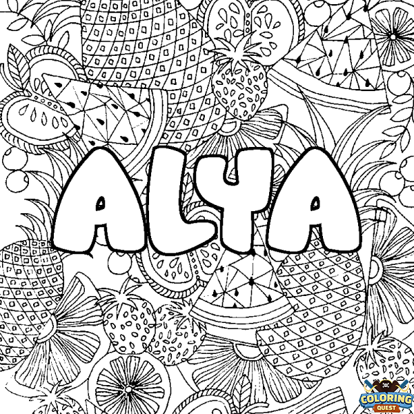 Coloring page first name ALYA - Fruits mandala background