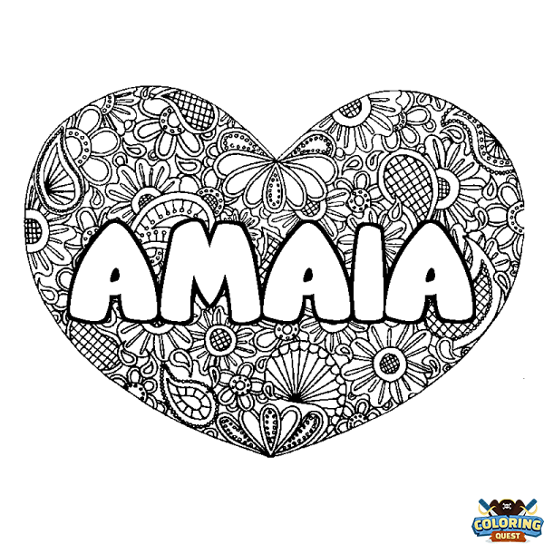 Coloring page first name AMAIA - Heart mandala background