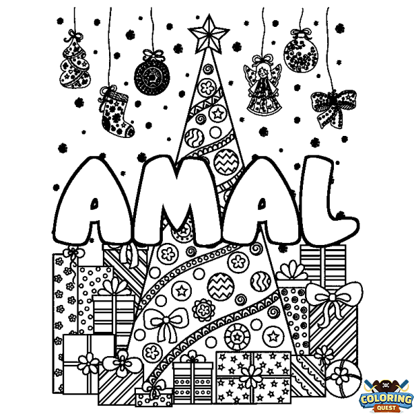 Coloring page first name AMAL - Christmas tree and presents background