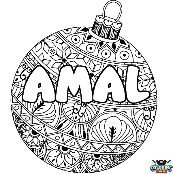 Coloring page first name AMAL - Christmas tree bulb background