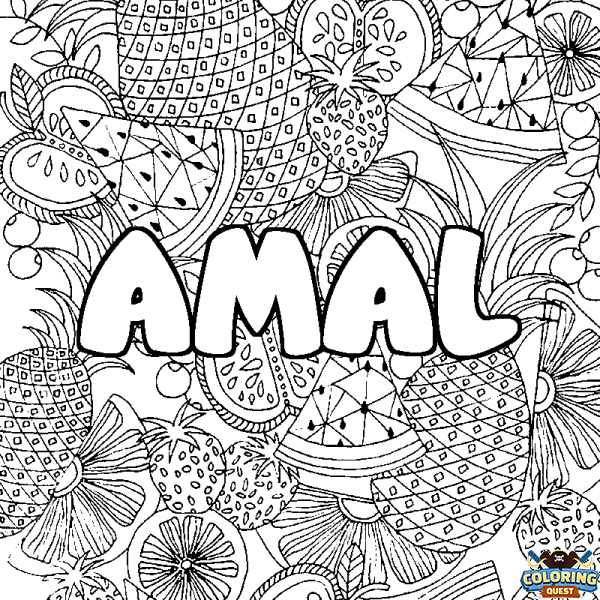 Coloring page first name AMAL - Fruits mandala background