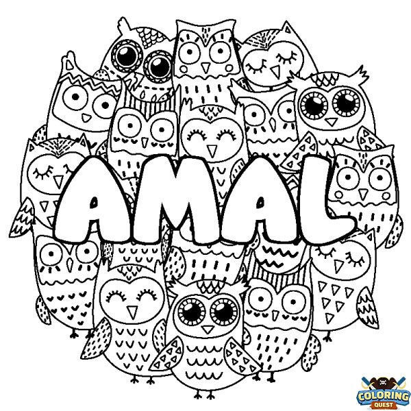 Coloring page first name AMAL - Owls background