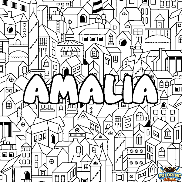 Coloring page first name AMALIA - City background