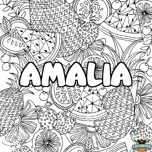 Coloring page first name AMALIA - Fruits mandala background