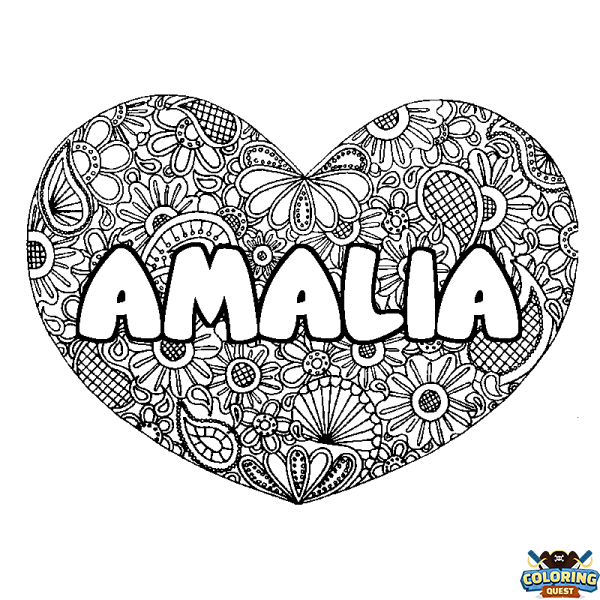 Coloring page first name AMALIA - Heart mandala background