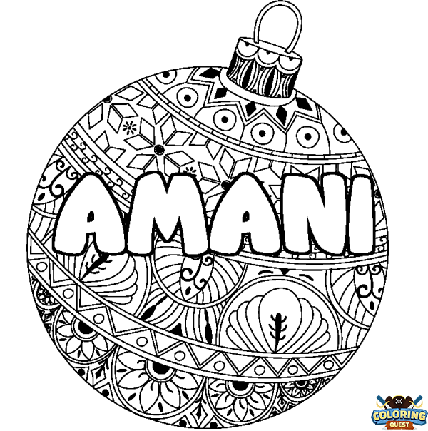 Coloring page first name AMANI - Christmas tree bulb background