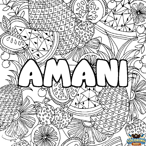 Coloring page first name AMANI - Fruits mandala background