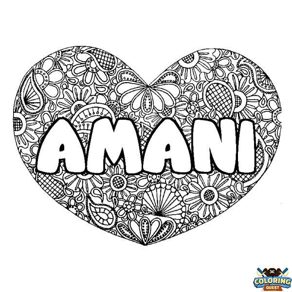 Coloring page first name AMANI - Heart mandala background