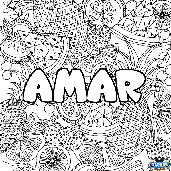 Coloring page first name AMAR - Fruits mandala background