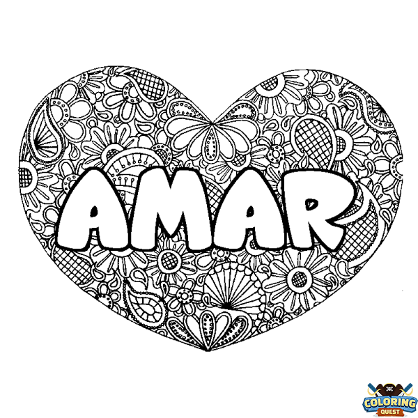 Coloring page first name AMAR - Heart mandala background