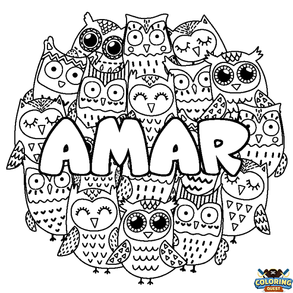 Coloring page first name AMAR - Owls background