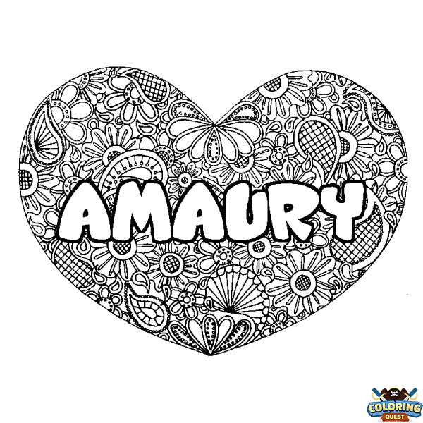 Coloring page first name AMAURY - Heart mandala background