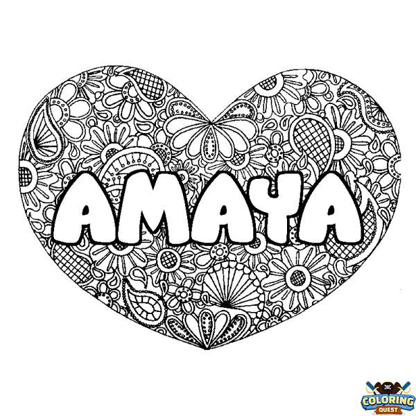 Coloring page first name AMAYA - Heart mandala background