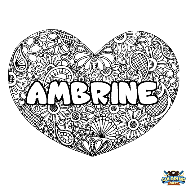 Coloring page first name AMBRINE - Heart mandala background