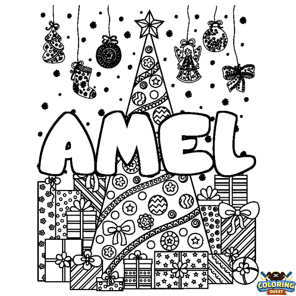 Coloring page first name AMEL - Christmas tree and presents background