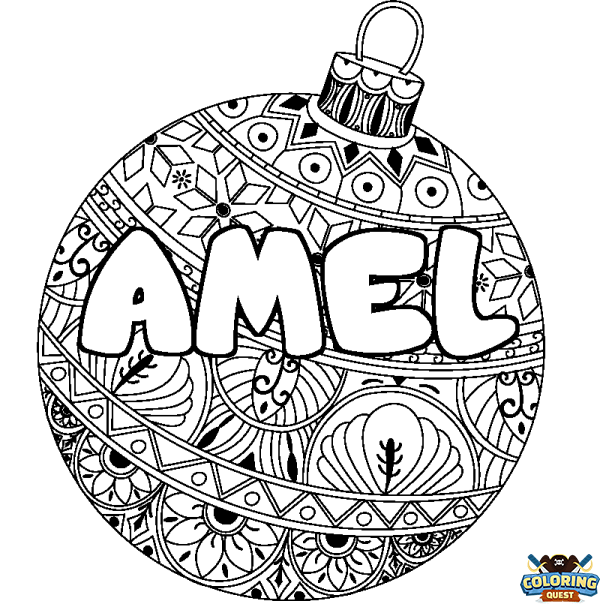Coloring page first name AMEL - Christmas tree bulb background
