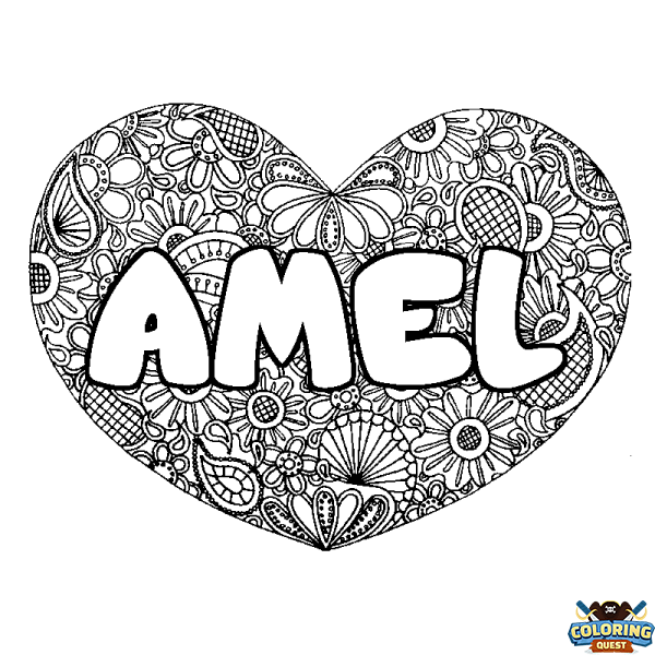 Coloring page first name AMEL - Heart mandala background