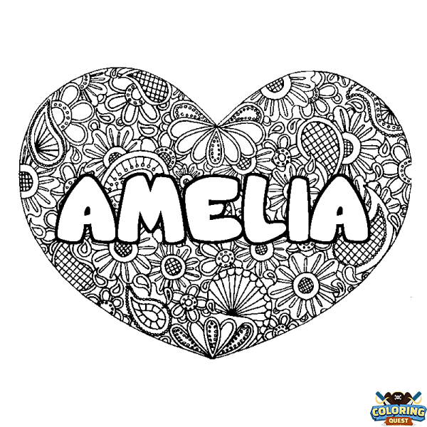 Coloring page first name AMELIA - Heart mandala background